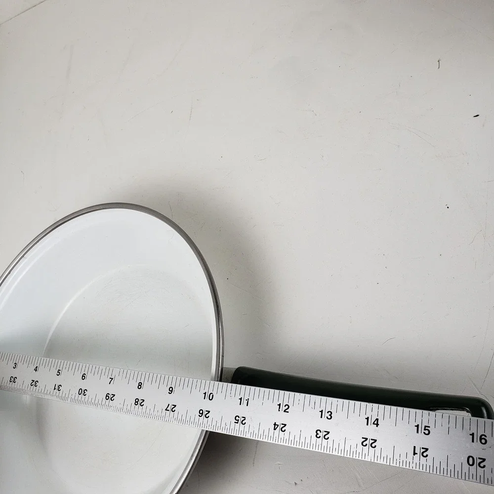 Vintage Enamelware Frying Pan White Green Floral Retro 10 Inch Skillet